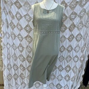 Vintage Sage Green Cottagecore Sleeveless Dress with Floral Trim / Size L